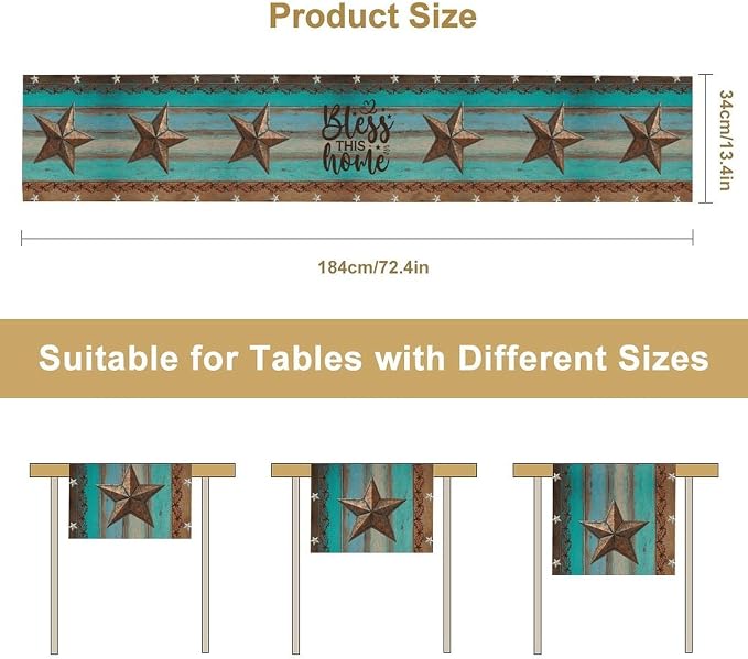 Western Texas Table Runner, Rustic Farmhouse Barn Texas Star Teal Wooden Plank - Image 5