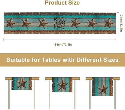 Western Texas Table Runner, Rustic Farmhouse Barn Texas Star Teal Wooden Plank - Image 5
