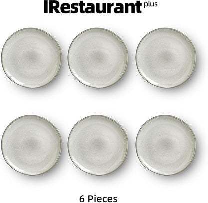 Organic Shape Highland Ceramic Salad plates, 6pcs 8 Inch Handmade Reactive Glaze Dinnerware Sets with Wavy Edge, for Kitchen, Microwave & Dishwasher Safe, Scratch Resistant-grey