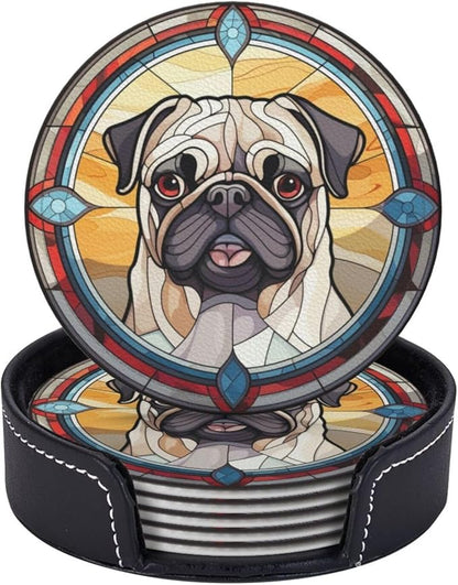 Drink Coaster Set of 6, Pug Dog Mom Lover Gift,Leather Drink Coasters with Holder,6 Pack Cup/Bar/Drink Coasters for Table/Drinks/Coffee Protection Housewarming Gift