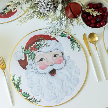 Benson Mills Cork Placemats Set of 4, Thick Cork Place Mats for Kitchen and Dining Tables, Easy Clean Table Mats for Christmas, Winter and Holidays (13.75" Round Set of 4, Joyful Santa)