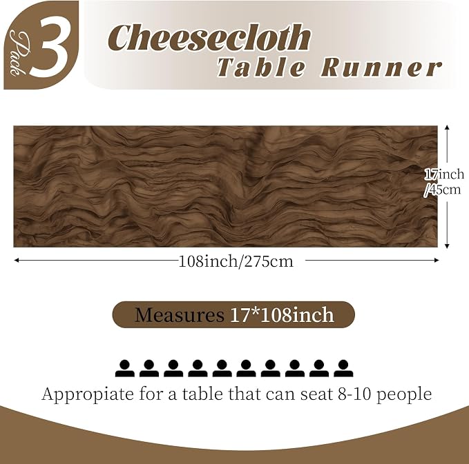 3 Pack Brown Cheesecloth Table Runner, 17 x 108 Inch, Gauze Cheese Cloth Table - Image 2