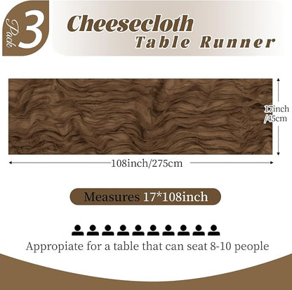 3 Pack Brown Cheesecloth Table Runner, 17 x 108 Inch, Gauze Cheese Cloth Table - Image 2