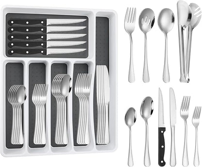 65PCS Silverware Set for 8 with Flatware Drawer Organizer, Stainless Steel Cutlery Set with Steak Knives, Include Spoons and Forks Set & Serving Utensils, Mirror Polished, Silver