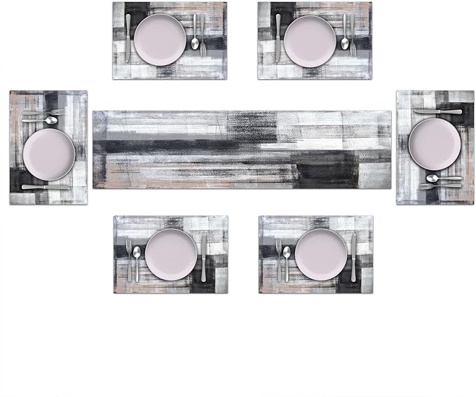 Black and Grey Modern Table Runner and Place Mats Set of 6 Abstract Black and - Image 2