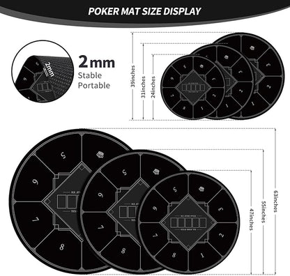 nuveti 24/31/47/55/63inch Round Poker Mat for Texas Holdem | Portable Poker Table Top with Art Deco Layout Print 6-8 Player Game Layout Mat to Play Cards, Poker Games, Blackjack, Casino