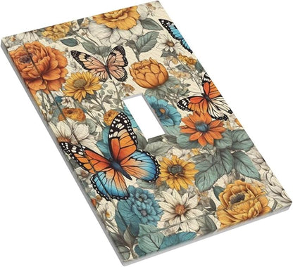 Decorative Light Switch Cover Vintage Colorful Floral Butterfly Flowers 1 Gang Wall Plate Cover Single Toggle Outlet Covers Switchplate Electrical Faceplate for Bathroom Bedroom Decor（2 Pack）