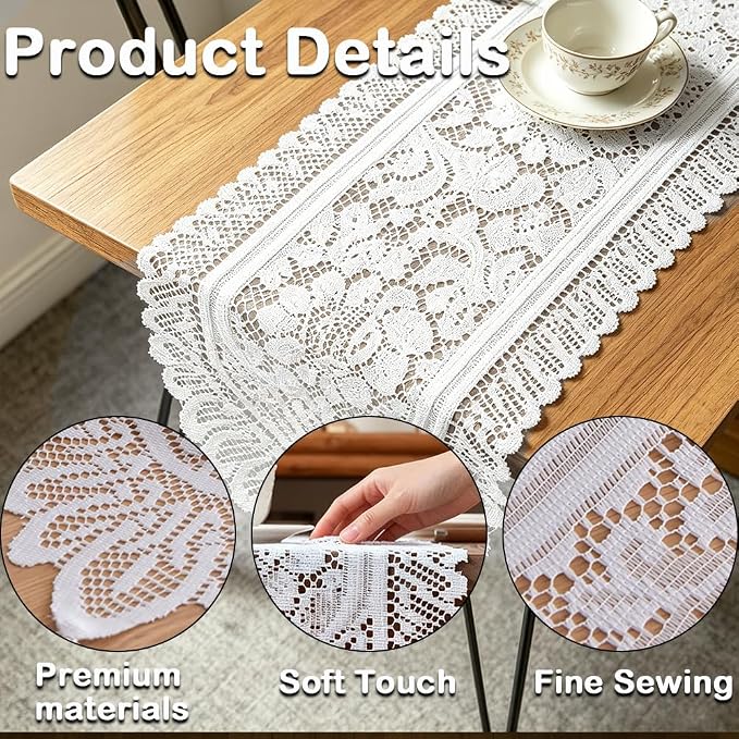 Tinsow 2 Pack Cotton Crochet Lace Rectangular Table Runner Dresser Scarf Doilies - Image 2