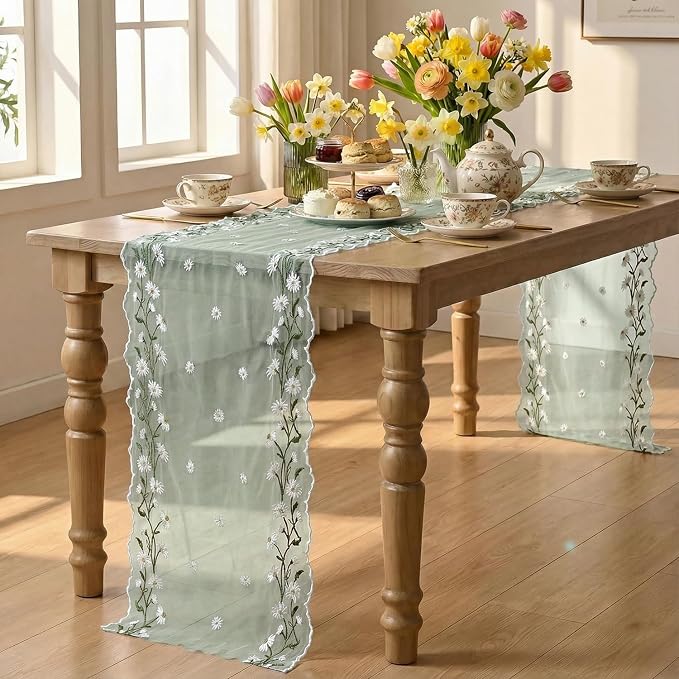 Artoid Mode Daisy Floral Sage Green Shaped Gauze Embroidery Table Runner 120 - Image 4