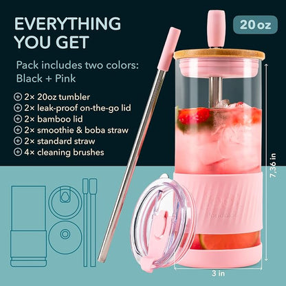 Pandaloo® Glass Cups With Lids and Straws -20 Fl Oz- Perfect Size Iced Coffee - Image 2