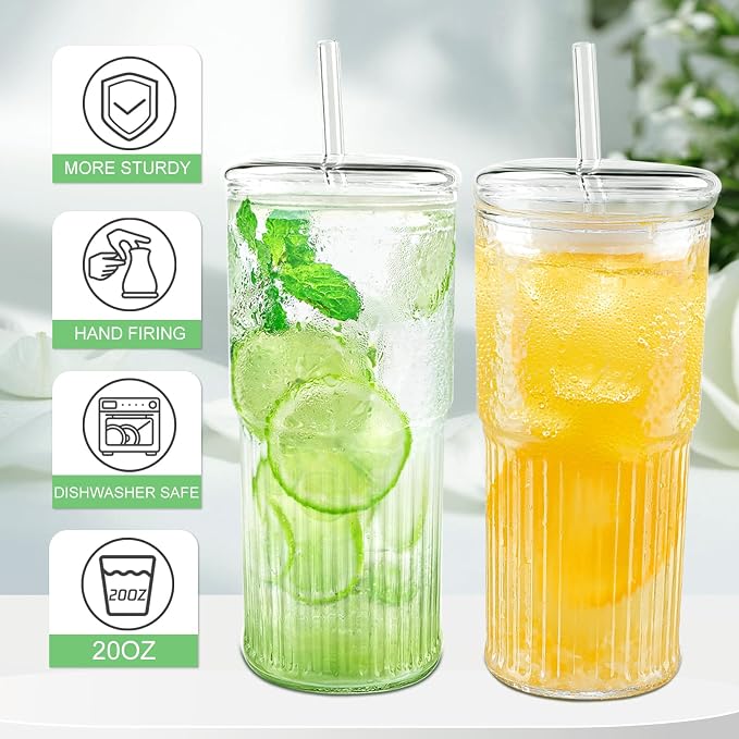 Luiaiog Glass Cups with Lids and Glass Straws, Mason Jar Cups High Borosilicate - Image 2