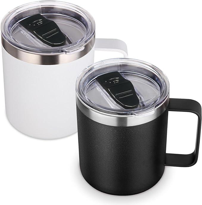 Volhoply 14oz Insulated Stainless Steel Coffee Mug with Lid Bulk 2 Pack,Double Wall Vacuum Travel Coffee Cup with Handle,Reusable Cups Tumbler Cup,Camping Mugs Keep Hot,Ideal Gifts(Assorted,2)