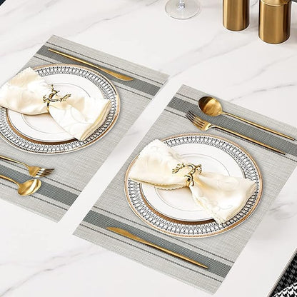 DACHUI Placemats Set of 4, Soft & Elegant Woven Vinyl Place Mats, Water Resistant, Heat Resistant, Washable, Durable Table Mats (Grey Stripes)