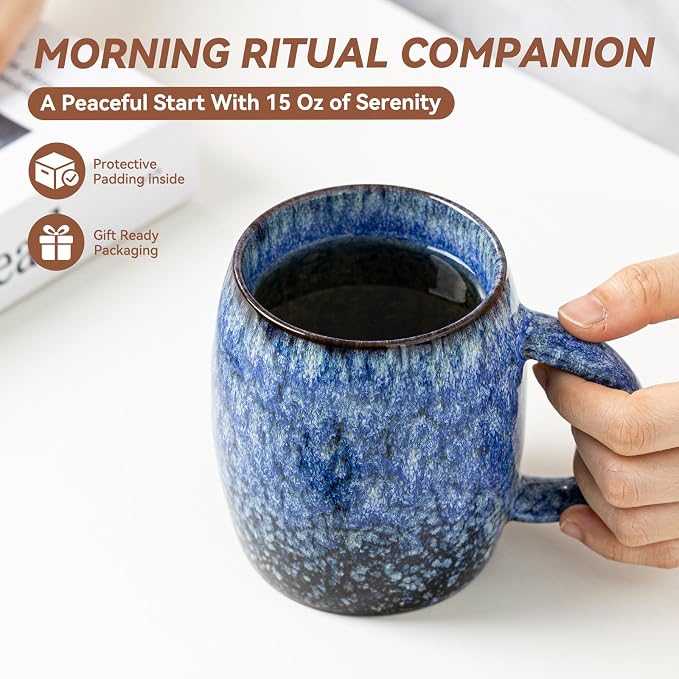 Sakura Blue Reactive Glaze Ceramic Coffee Mug - 14 oz Unique Mug - Image 4
