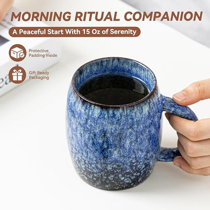 Sakura Blue Reactive Glaze Ceramic Coffee Mug - 14 oz Unique Mug - Image 4