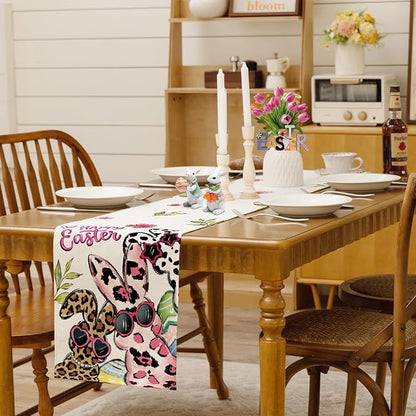 Happy Easter Bunny Table Runner, Egg Burlap Table Runners, Spring Leopard Print - Image 2