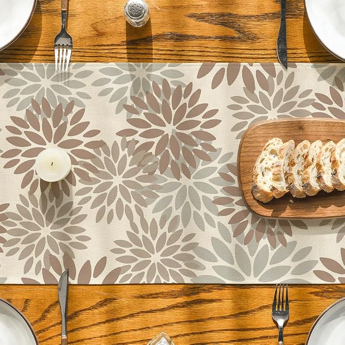 Artoid Mode Brown Gray Dahlia Pinnata Flower Floral Table Runner, Seasonal - Image 7