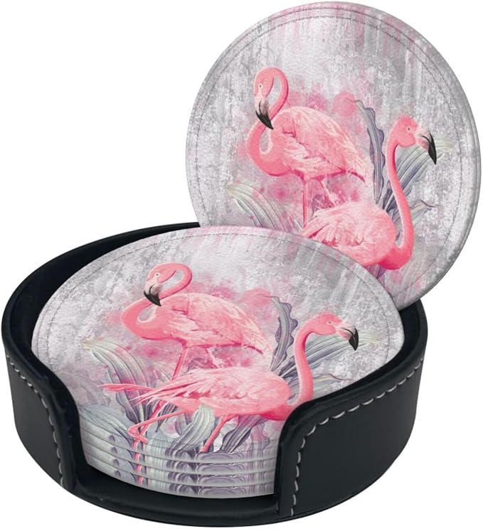 6 Pcs Pink Cute Flamingo Modern Art Boho Leather Coasters - Image 2