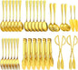 32Pcs Serving Utensils Set Serving Spoons, Buffet Tongs, Cake Spatula, Forks, Perforated Ladles, Soup Scoops, Skimmers and Black Heavy-Duty Serving Tongs (GOLD)