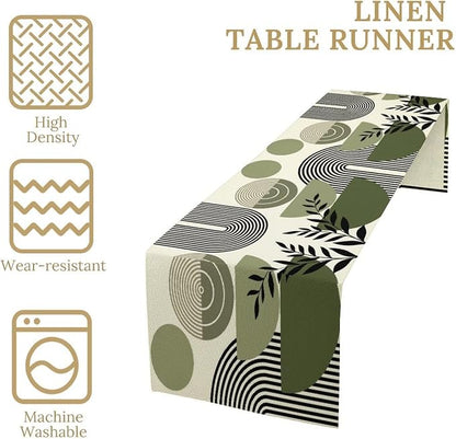 Boho Mid Centruy Table Runner Abstract Sage Green Tropical Leaves Sun Modern - Image 4