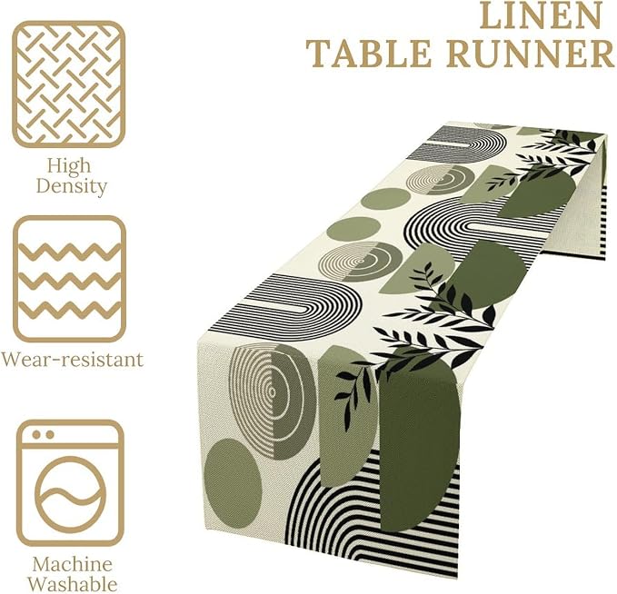 Boho Mid Centruy Table Runner Abstract Sage Green Tropical Leaves Sun Modern - Image 4
