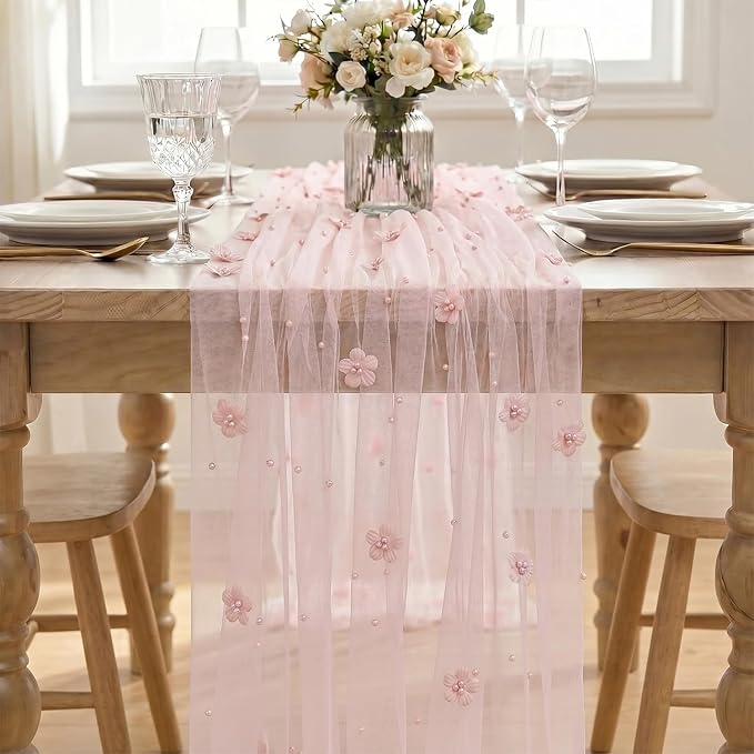 Artoid Mode Pink Flower Pearl Pink Gauze Table Runner 10FT, Seasonal Sheer - Image 2