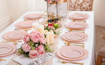 FLOWERCAT 200PCS Pink Plastic Plates Disposable Plates for Party - Heavy Duty Plastic Plates - 100 10" Pink Dinner Plates and 100 7" Pink Salad Plates for Weddings, Easter Parties,Mother's Day