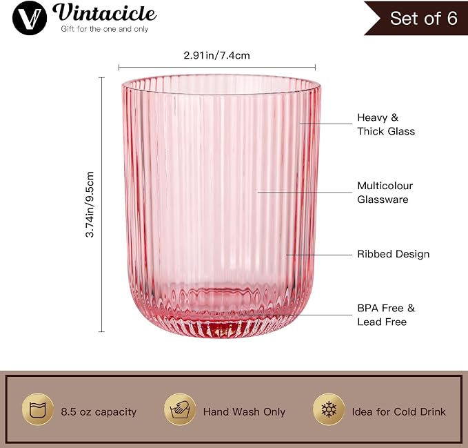 Pink Ribbed Drinking Glasses Set of 6, 8.5oz Vintage Highball Tumblers - Image 2
