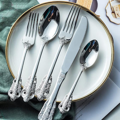 Silverware Set for 10 Premium 18/10 Stainless Steel Flatware Set Palace Style 50 Piece Cutlery Tableware Utensils Embossed Decorative Handle Knives Forks and Spoons for Home Christmas Wedding