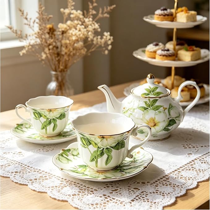 Vintage Porcelain Floral Tea Set — 22oz Teapot + 2 Tea Cup & Saucer Sets + 2 - Image 3