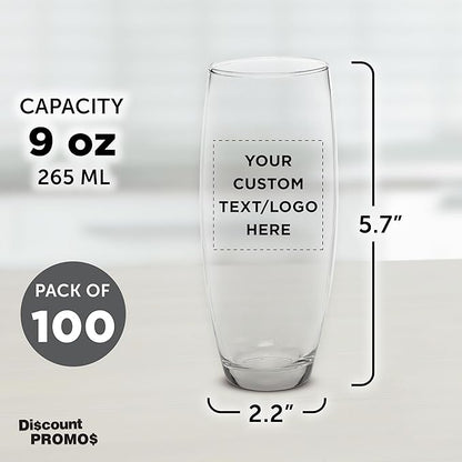 DISCOUNT PROMOS 100 ARC Stemless Champagne Flutes Set, 9 oz. - Customizable Text, Logo - Cachet, Glassware, Cocktails - Clear