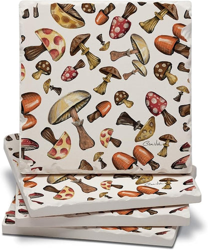 Thirstystone Mushroom Harvest 4 Pack Absorbent Tumbled Tile Stone Coasters | 4" by CounterArt