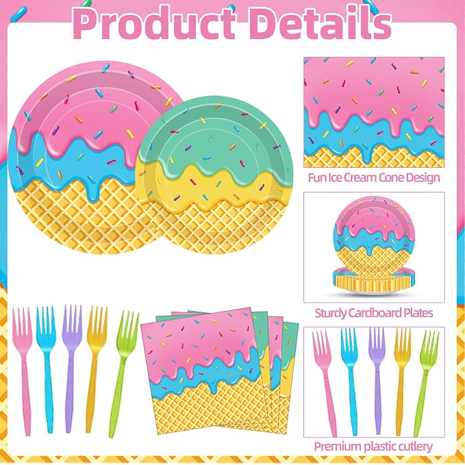 100 Pcs Ice Cream Cone Party Supplies Set, Serves 25 – Disposable Paper Plates - Image 3