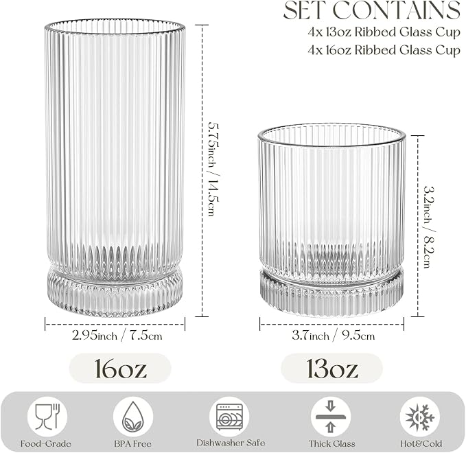 KEMORELA Ribbed Glassware Set of 8—4 Large Capacity Highball Glasses 16oz - Image 2