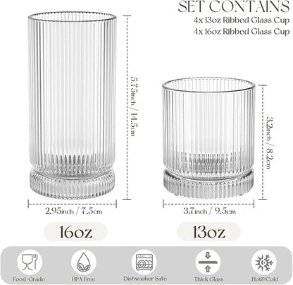 KEMORELA Ribbed Glassware Set of 8—4 Large Capacity Highball Glasses 16oz - Image 2
