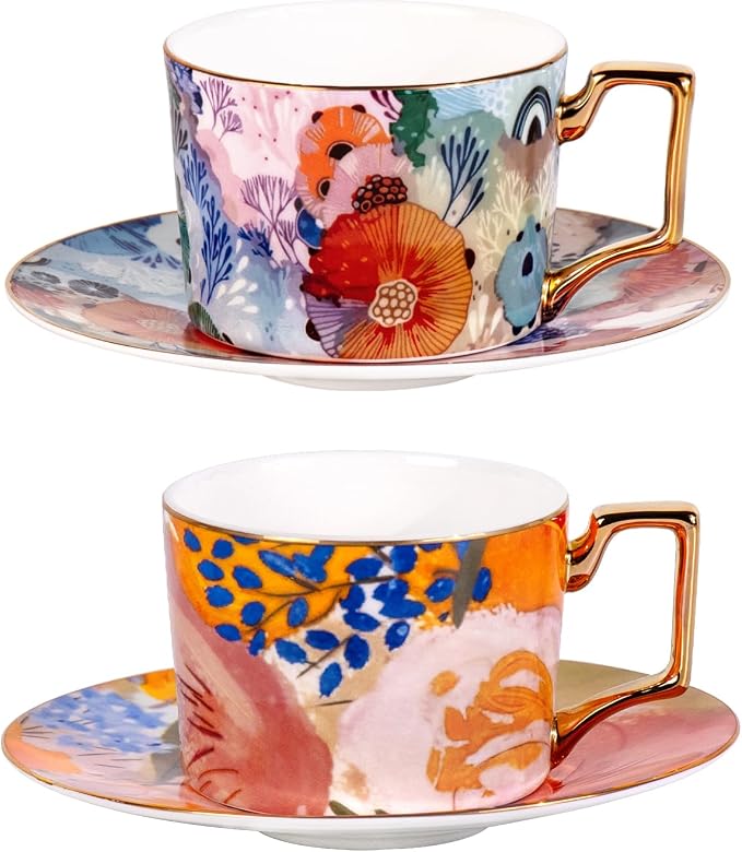 KAMMAK Tea Cups and Saucers Set of 2, Fine Bone China Coffee Cups, 569N | by KAMMAK