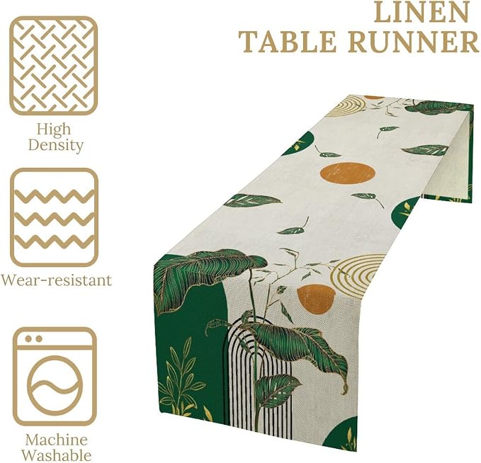 Green Abstract Mid Centruy Table Runner Retro Boho Tropical Leaves Palms Tree - Image 4