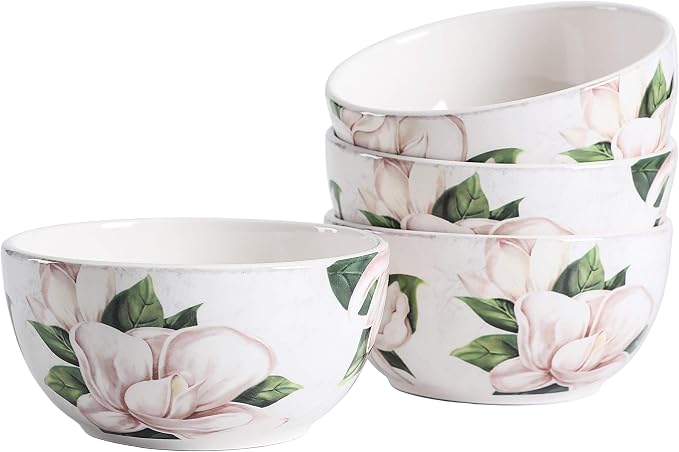 Bico Magnolia Floral Cereal Bowls Set of 4, 26 oz Deep Ceramic Soup Bowls by Bico