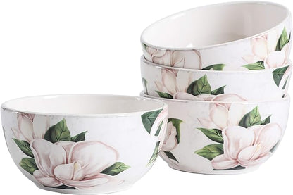 Bico Magnolia Floral Cereal Bowls Set of 4, 26 oz Deep Ceramic Soup Bowls by Bico