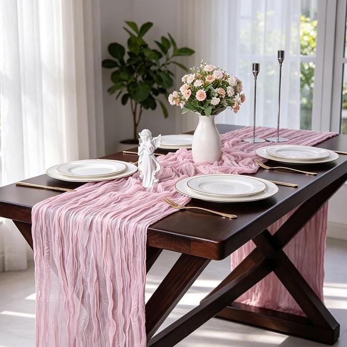 Light Pink Cheesecloth Table Runner 35 x 157 Inch Boho Gauze Table Runner - Image 6