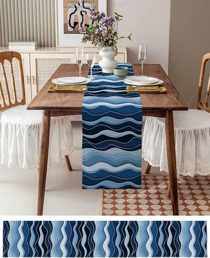 Abstract Blue Moire Table Runners 70 Inches Long, Cotton Linen Fabric Table - Image 6