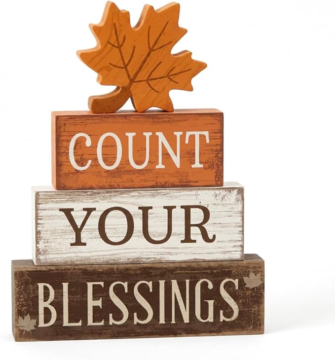 Moucuny 4 Pcs Fall Table Decoration Rustic Maple Leaf Stacked Wooden Block by Moucuny