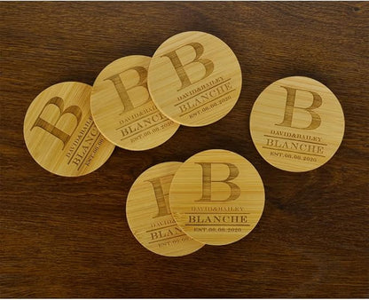 Personalized Bamboo Coasters - Custom Engraved Monogram Coasters with Holder, Great Gifts (Set of 6)