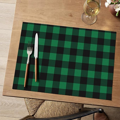Artoid Mode Buffalo Plaid Vinyl Placemats Set of 4, 12x18 Inch Washable Non-Slip Heat Resistant Plastic Place Mats for Party Dining Table, Black/Green