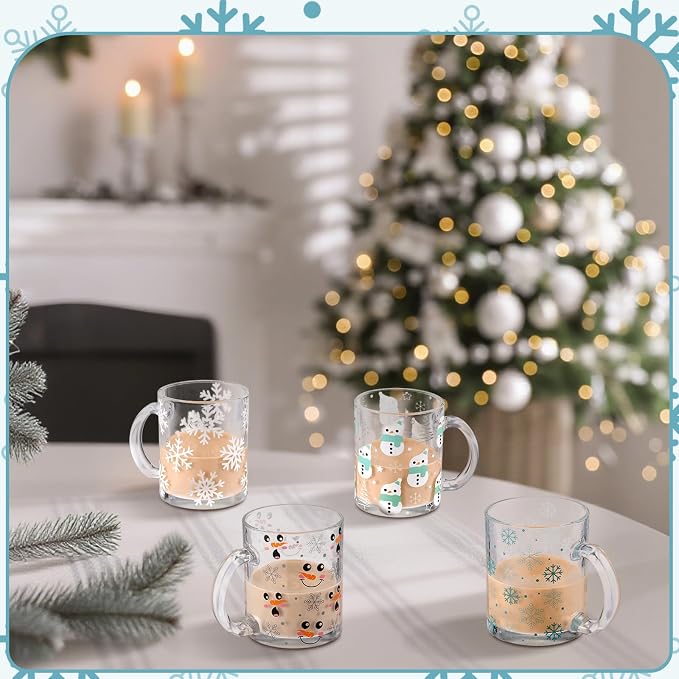 Tioncy 4 Pcs Winter Coffee Glass Mugs 12 oz Christmas Snowman Glass Cups - Image 4