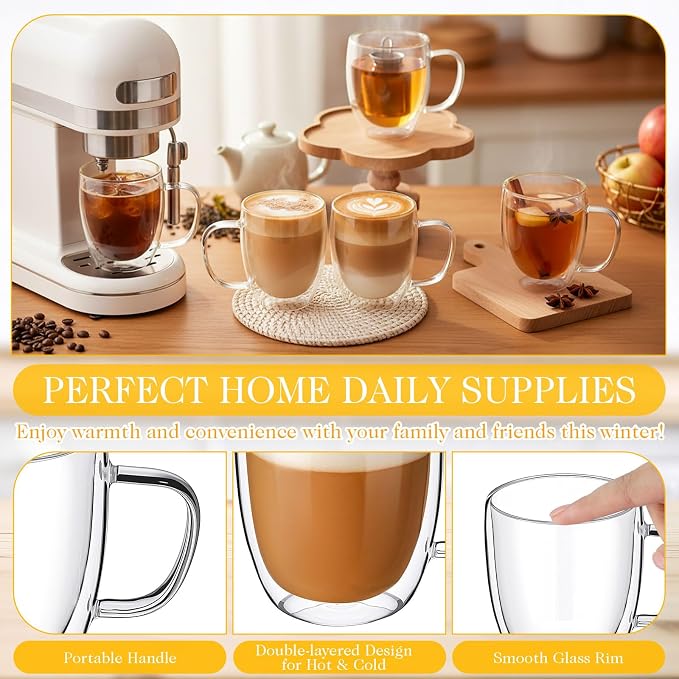 Patelai Glass Coffee Mugs Set of 4, 16 oz Clear Double Walled Coffee Cups - Image 3