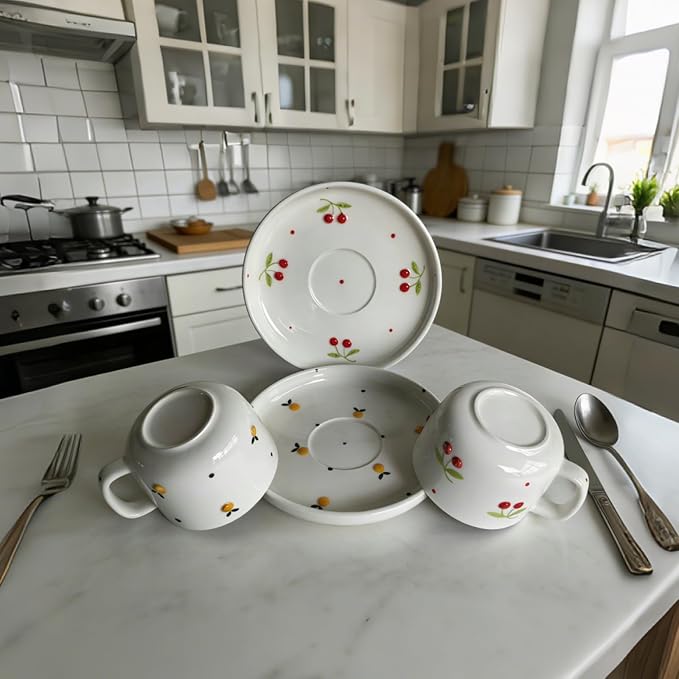 Ceramic Coffee Mug Set of 2, 8 oz Cherry and Lemon Design Cups - Image 7