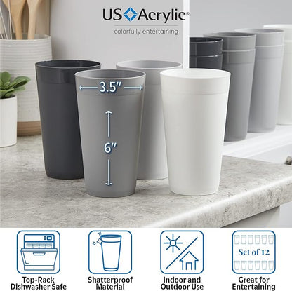 US Acrylic Newport 20 ounce Unbreakable Plastic Stackable Water Tumblers in Grey Stone | Set of 12 Drinking Cups | Reusable, BPA-free, Made in the USA, Top-rack Dishwasher and Microwave Safe | Unbreakable, Stackable, Drinking Cups, Reusable, BPA-free, ...