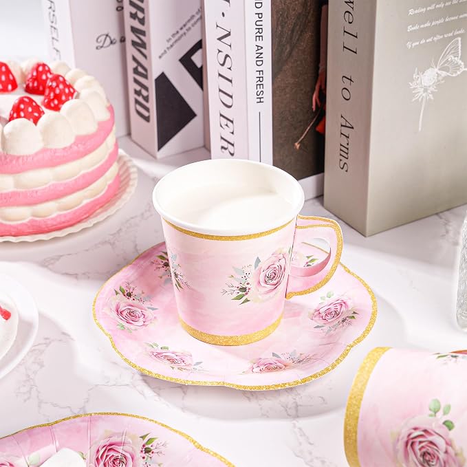 50 Pcs Paper Tea Cups and Plates Pink Floral Disposable Paper Teacups and - Image 4