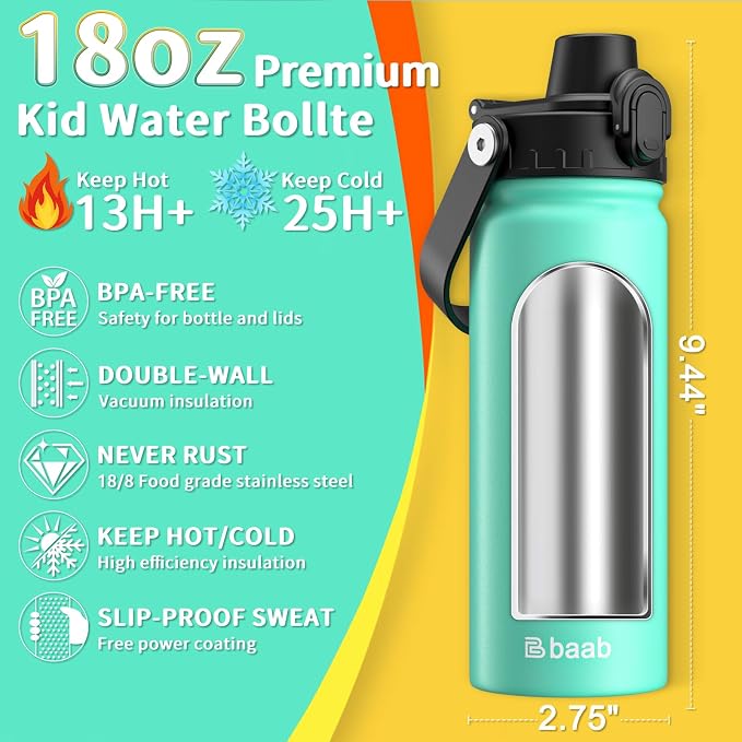 baab 18oz Kids Insulated Water Bottle 18/8 Stainless Steel Kids Cup 1 Pack | - Image 2